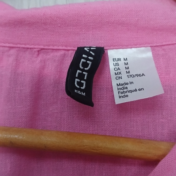 Hot Pink Cotton Linen Blend Long Sleeve Button Down Top Flamingo H&M Size Medium - Picture 2 of 7